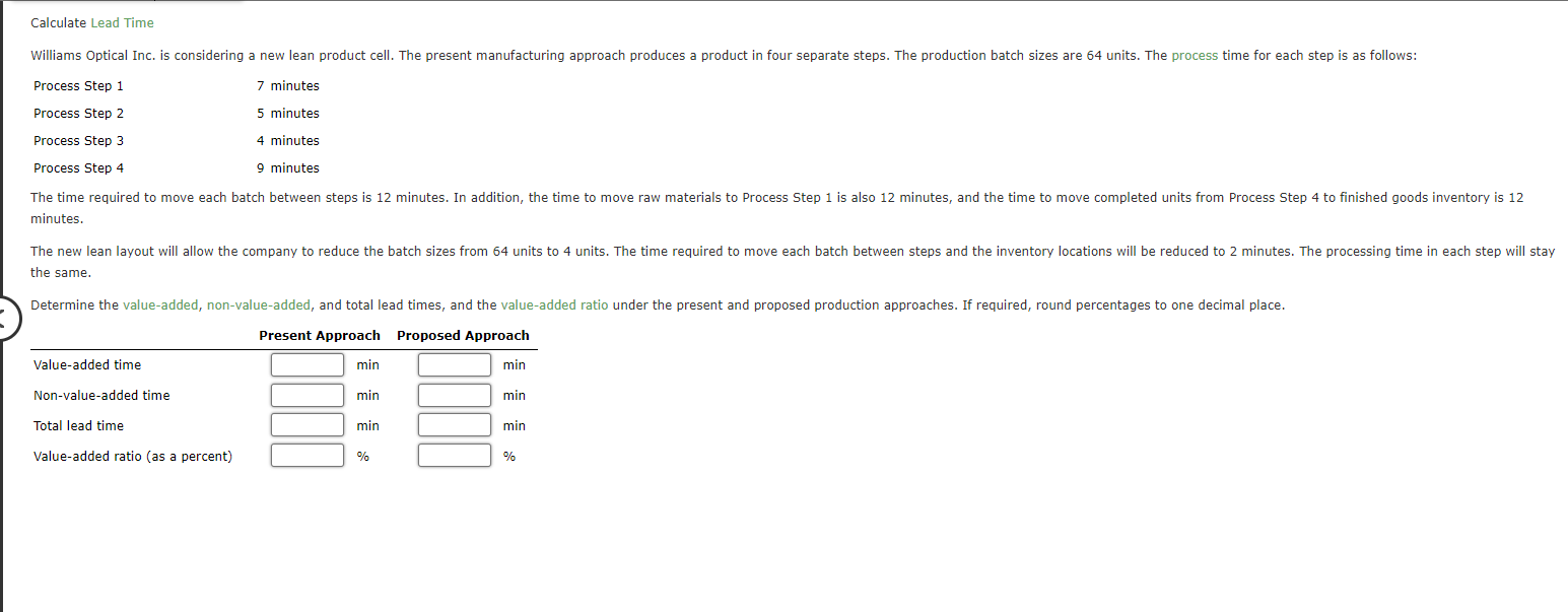 Calculate Lead Time Williams Optical Inc. is considering a new lean product
