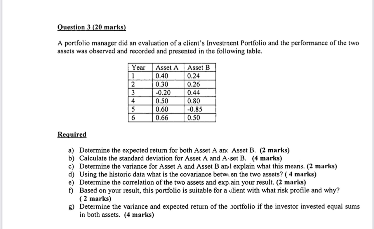Ouestion 3 (20 marks) A portfolio manager did an evaluation ofa client's