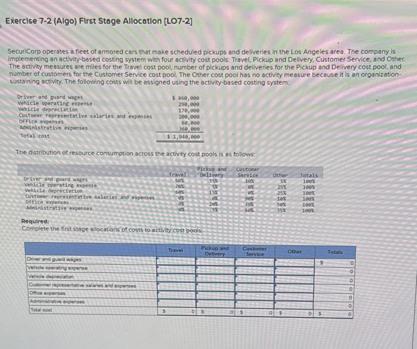  Exercise 7-2(Algo) First Stage Allocation [LO7-2] SecuriCorp operates a fleet of