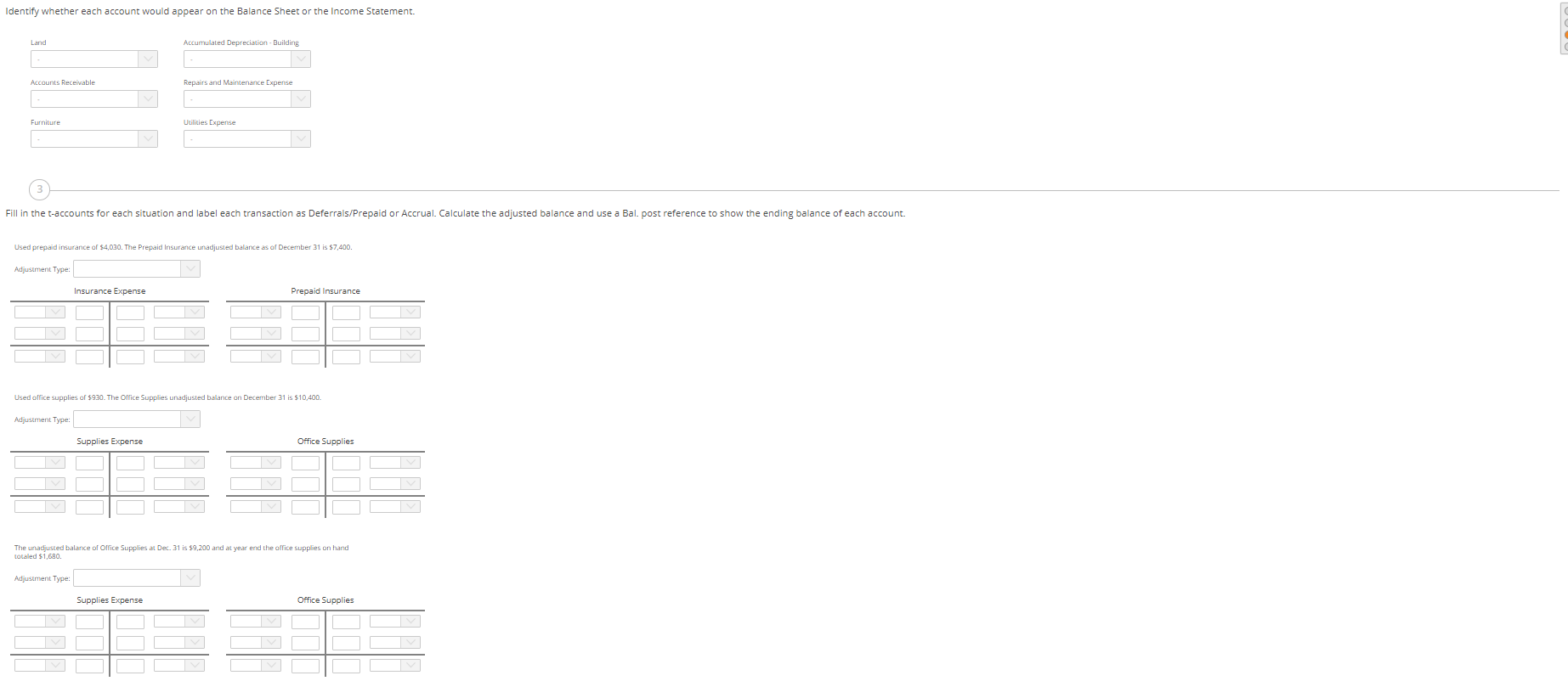  Identify whether each account would appear on the Balance Sheet or