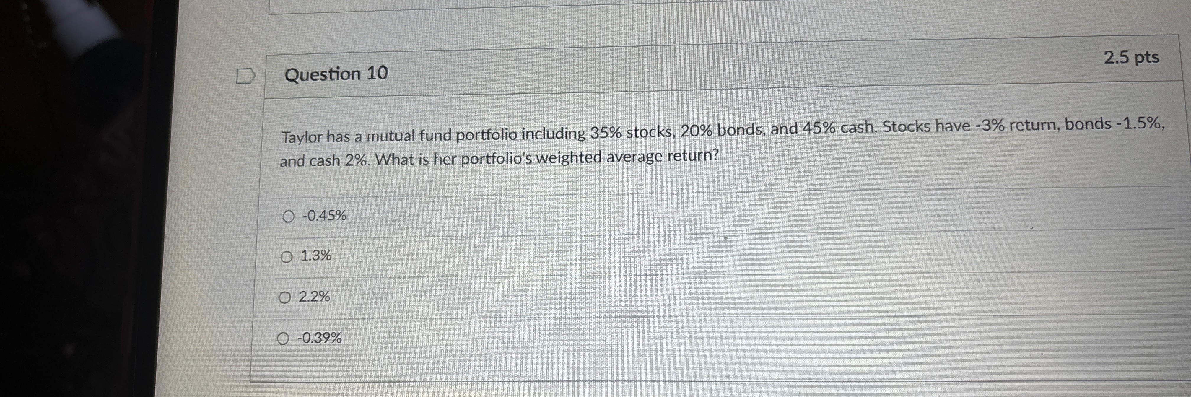  Question 10 2.5pts Taylor has a mutual fund portfolio including 35%