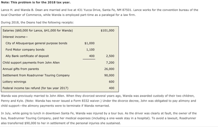  Note: This problem is for the 2018 tax year Lance H.