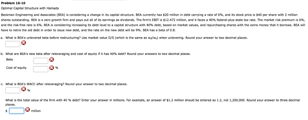  Problem 16-10 Optimal Capital Structure with Hamada Beckman Engineering and Associates