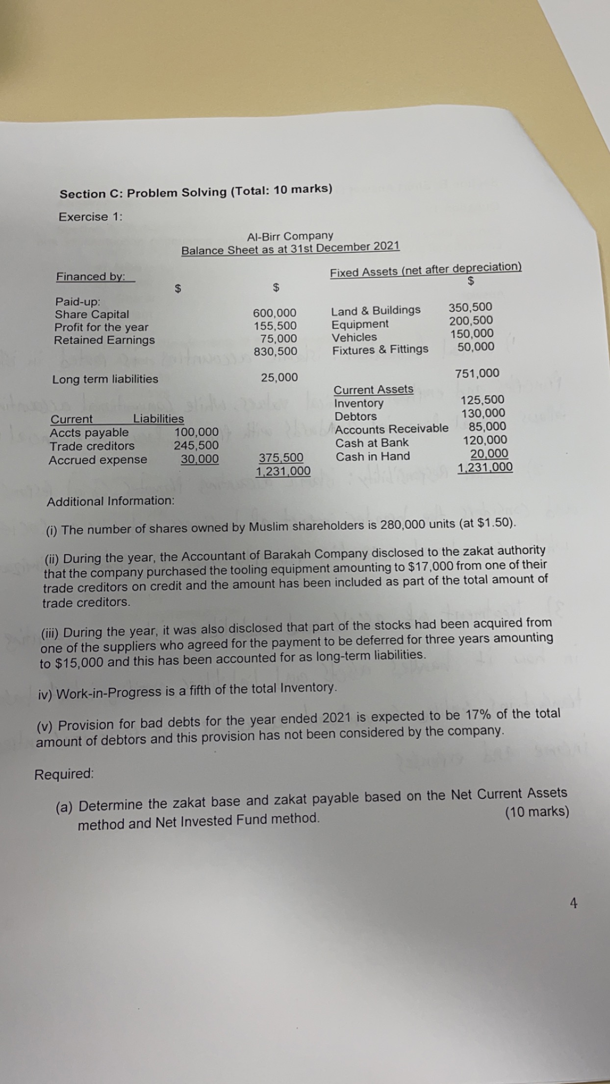 Section C: Problem Solving (Total: 10 marks) Exercise 1: Additional Information: