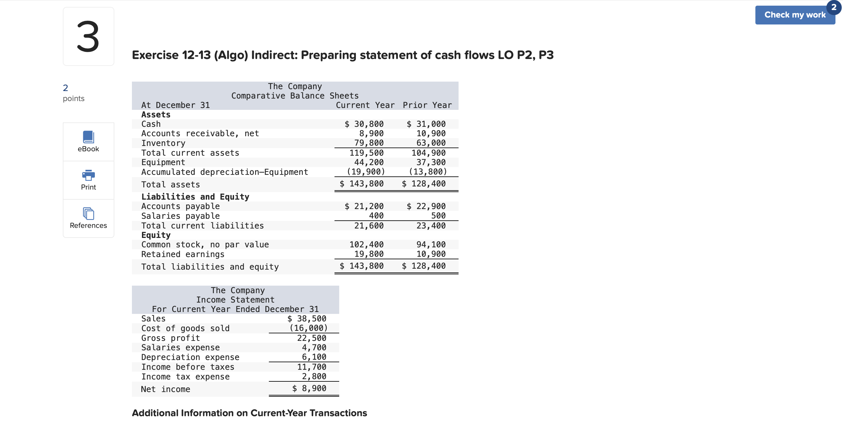 NEED HELP ASAP PLEASEEEE!!!!!!!!!! Exercise 12-13 (Algo) Indirect: Preparing statement of cash