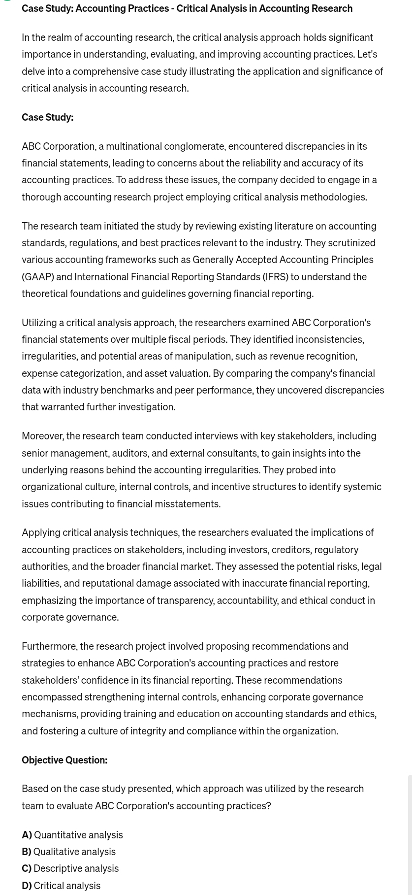  Case Study: Accounting Practices - Critical Analysis in Accounting Research In
