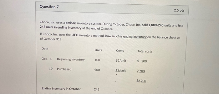  Question 7 2.5 pts Choco, Inc. uses a periodic inventory system.