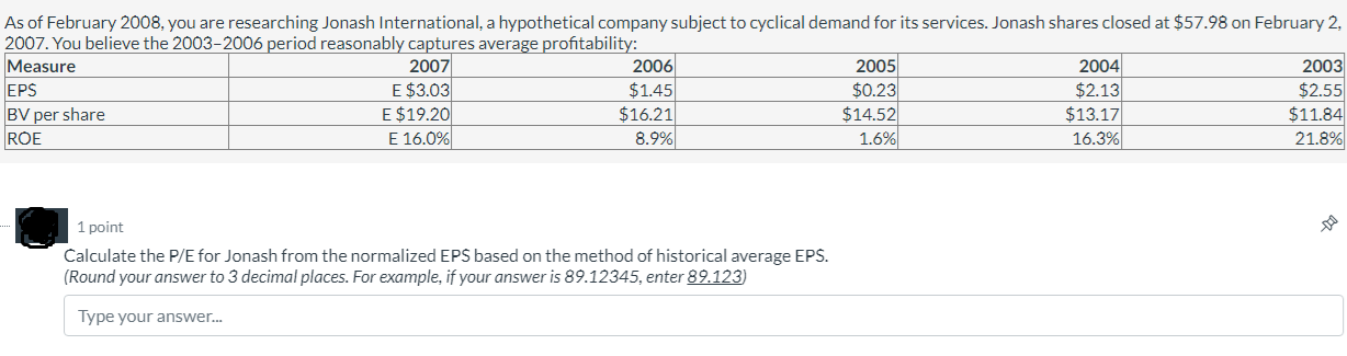  1 point Calculate the P/E for Jonash from the normalized EPS