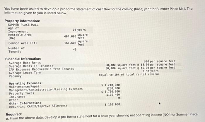  You have been asked to develop a pro forma statement of
