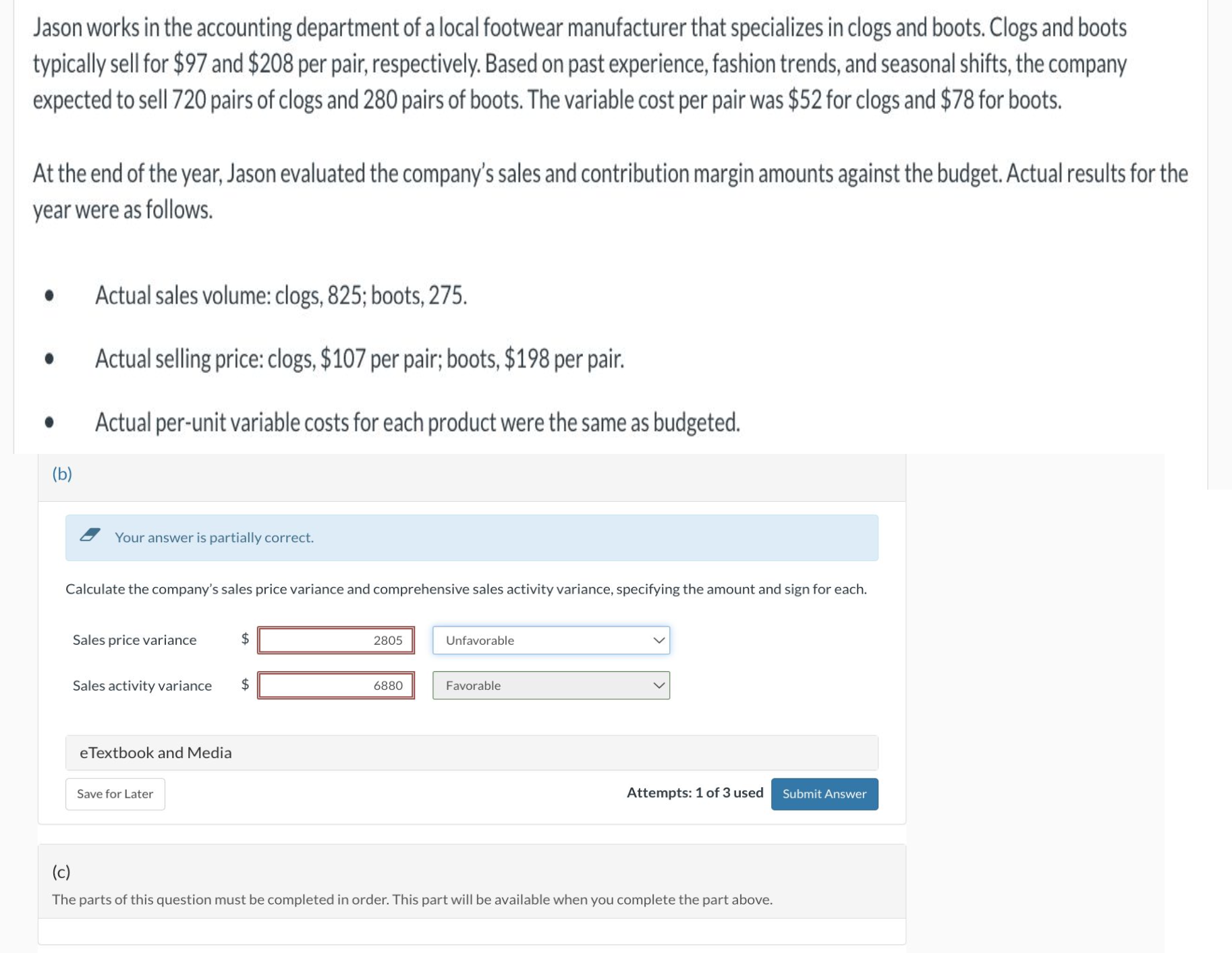  (b) Your answer is partially correct. Calculate the company's sales price