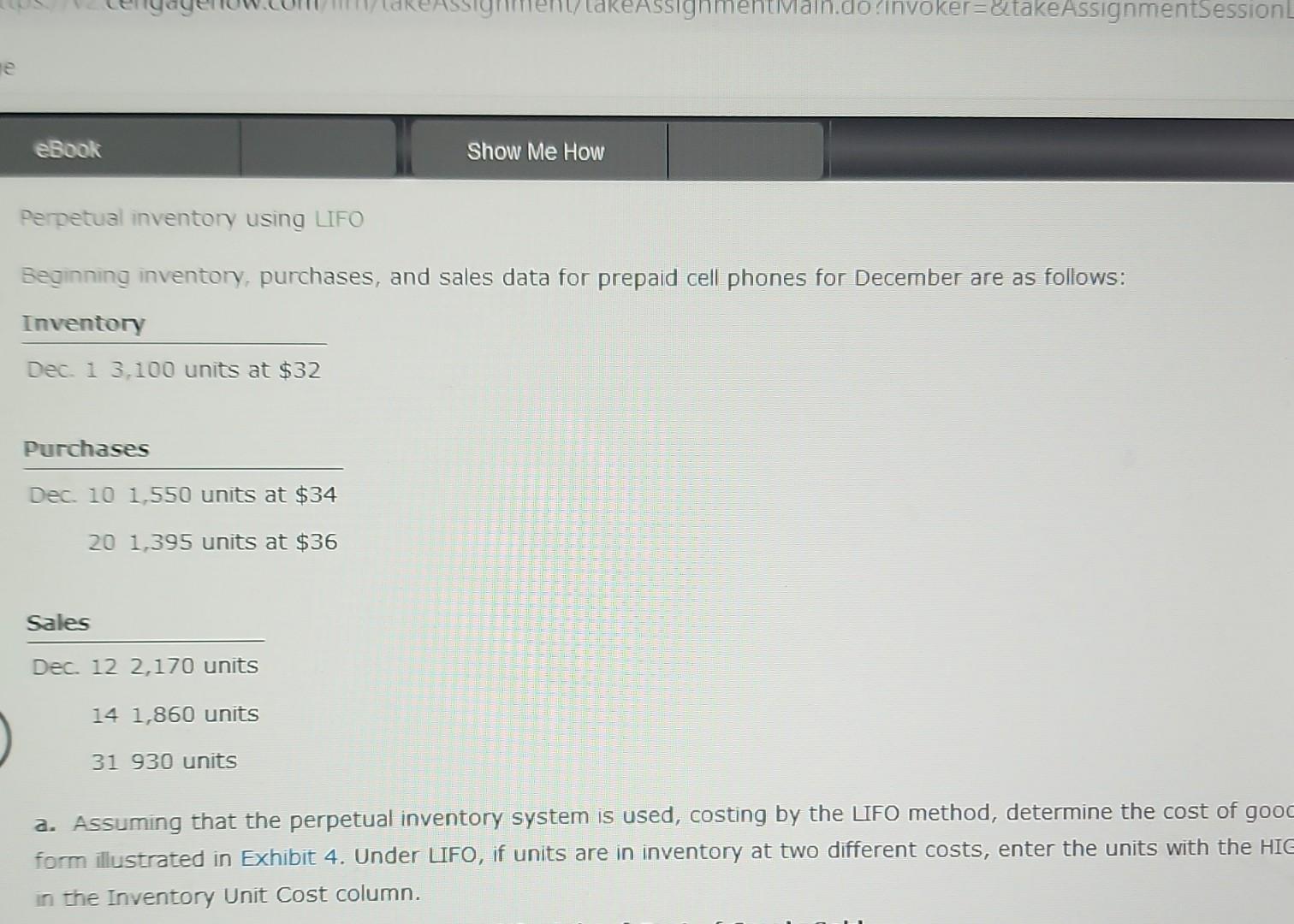  Perpetual inventory using LIFO Beginning inventory, purchases, and sales data for