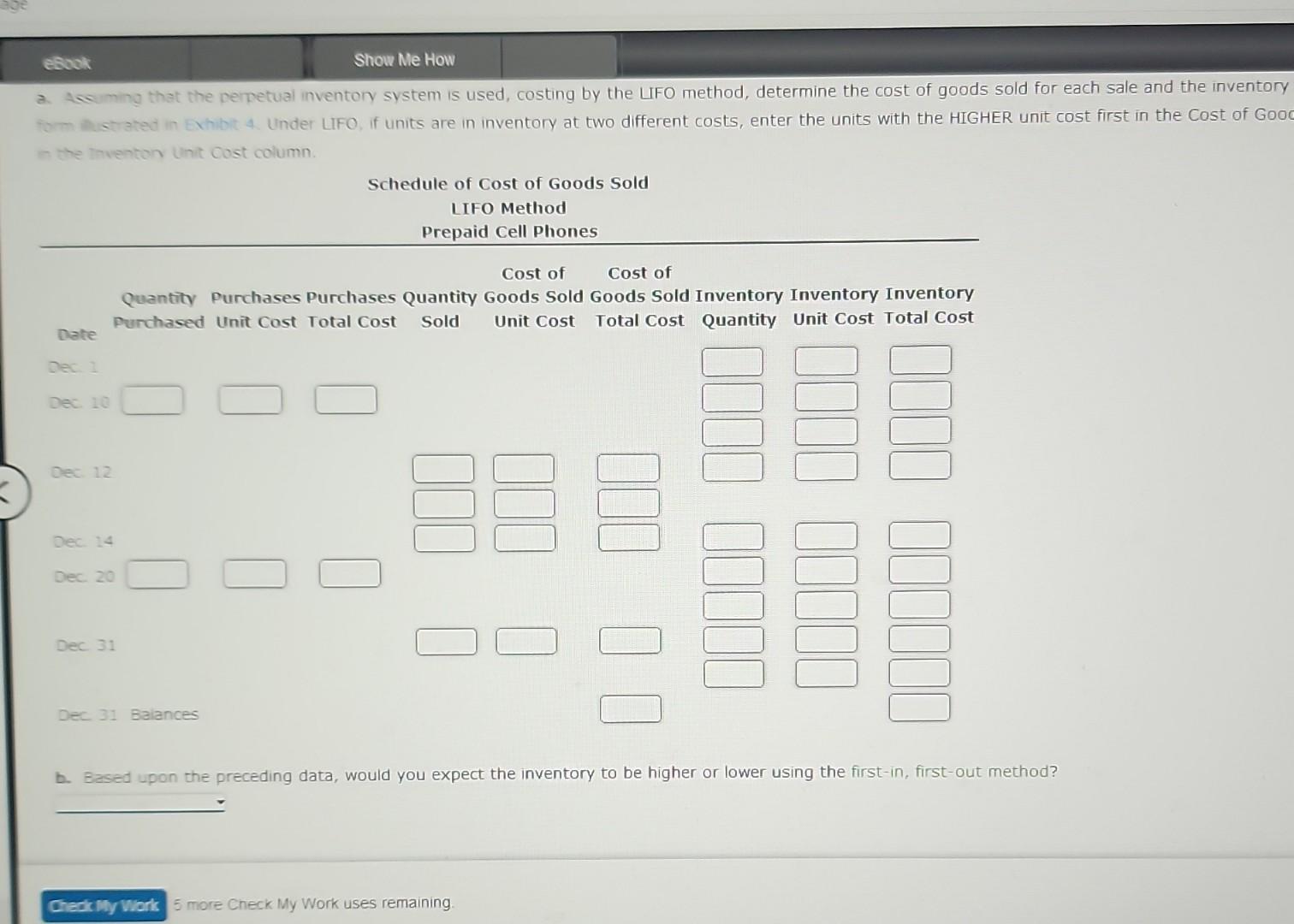 prepaid cell phones for December are as follows: Inventory Dec. 13,100 units