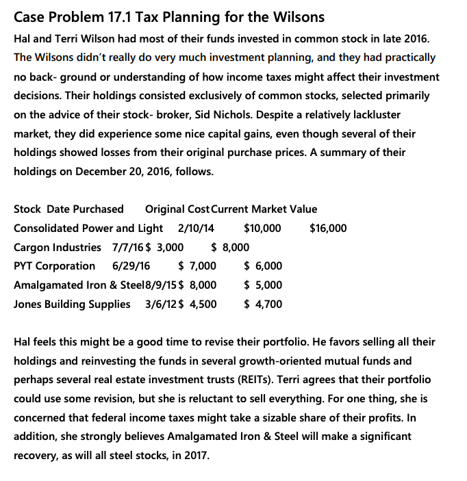  Case Problem 17.1 Tax Planning for the Wilsons Hal and Terri