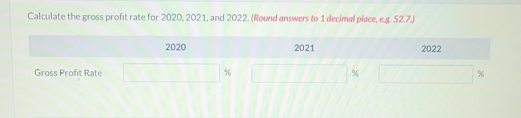 place, e.g. 52.7.) Calculate the gross profit rate for 2020, 2021, and