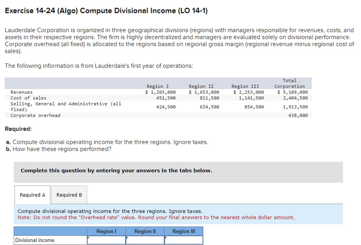 Exercise 14-24 (Algo) Compute Divisional Income (LO 14-1) Lauderdale Corporation iS organized