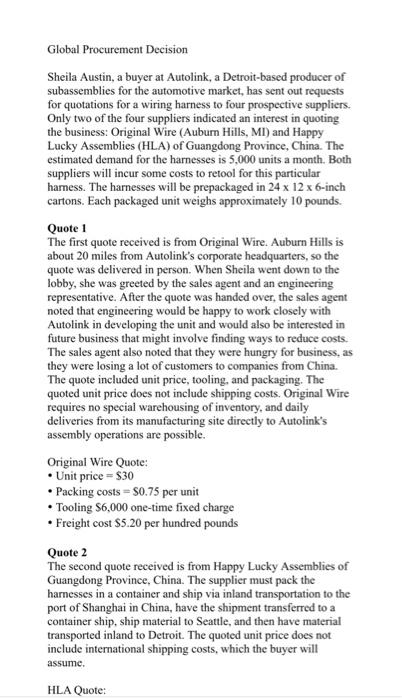 please complete the following problems/excel sheet based on information provided Global Procurement