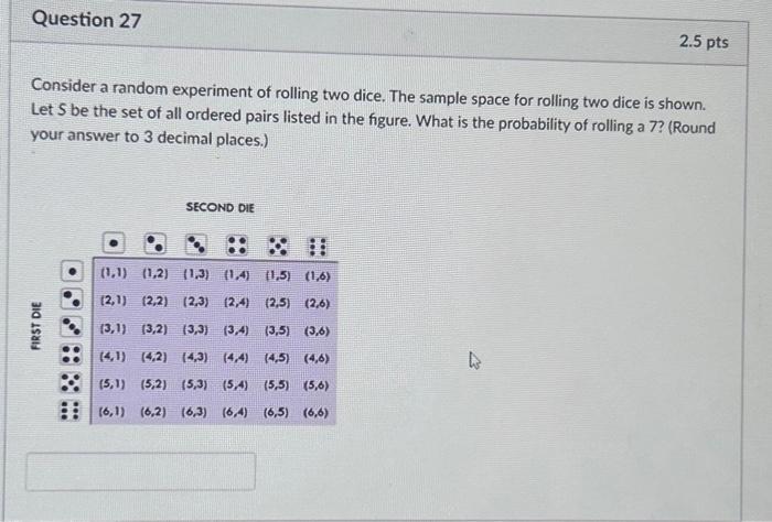  Consider a random experiment of rolling two dice. The sample space