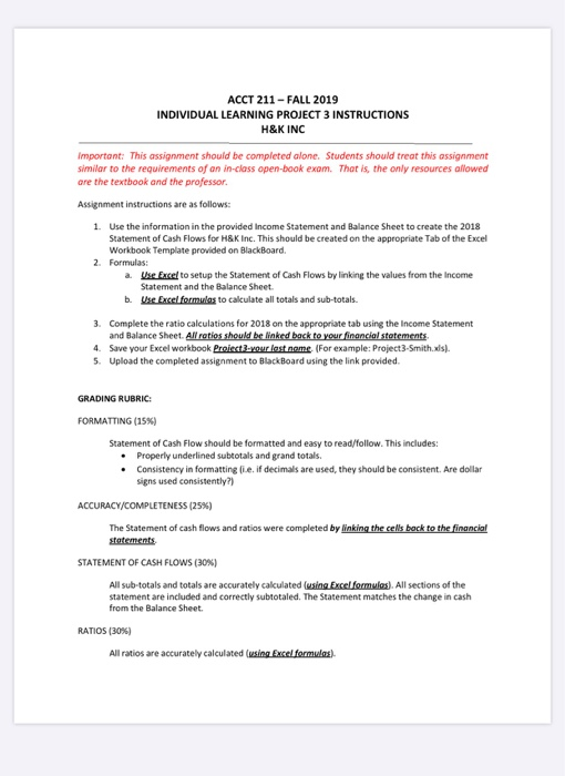  ACCT 211 - FALL 2019 INDIVIDUAL LEARNING PROJECT 3 INSTRUCTIONS H&K