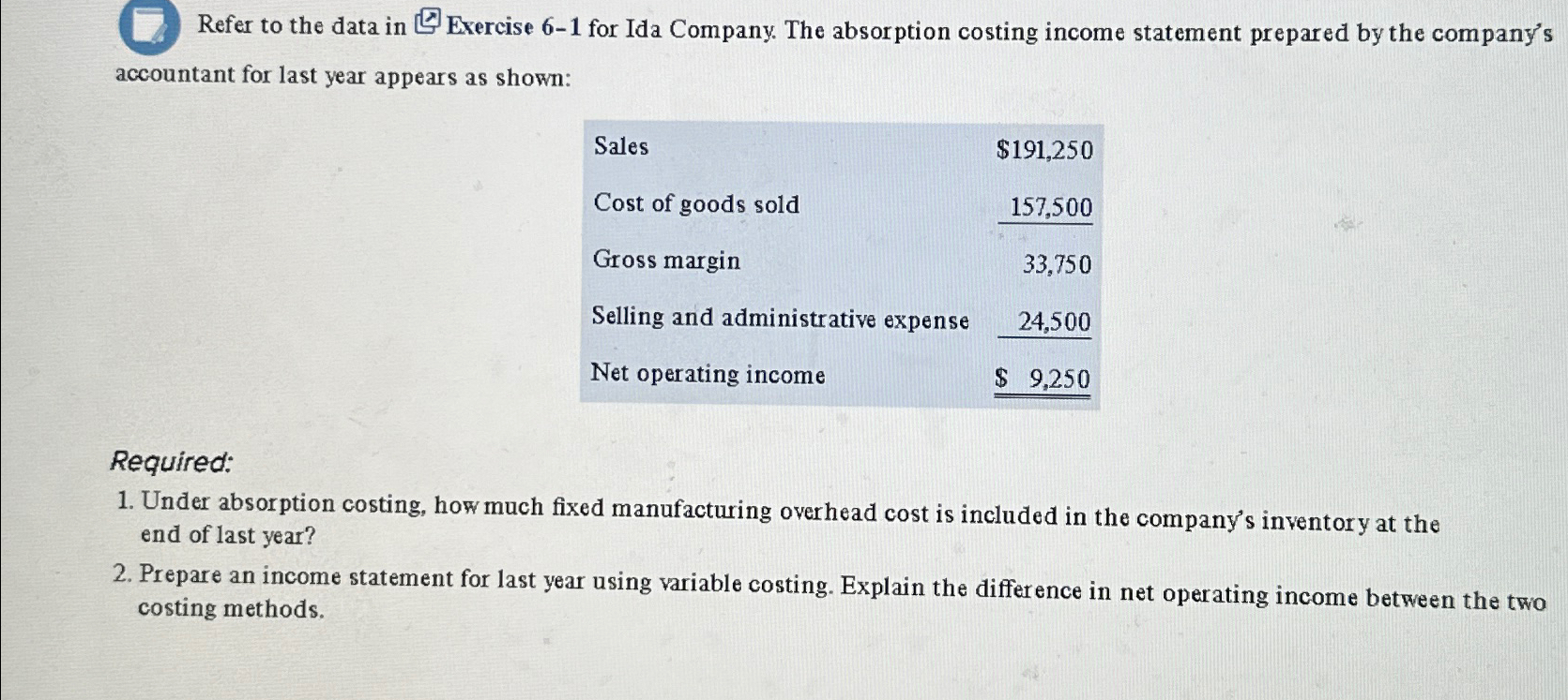  Refer to the data in Exercise 6-1 for Ida Company. The
