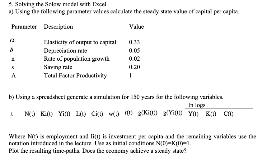 5. Solving the Solow model with Excel. a) Using the following
