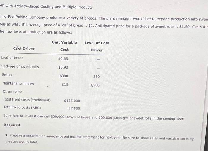  IP with Activity-Based Costing and Multiple Products usy-Bee Baking Company produces