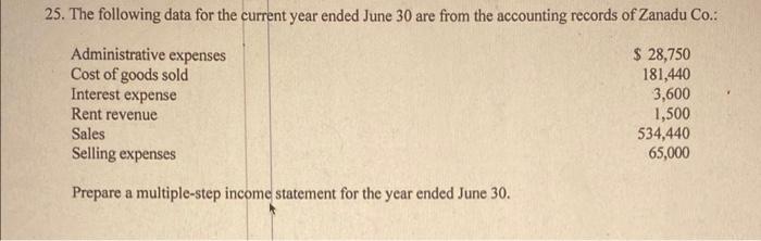 25. The following data for the current year ended June 30
