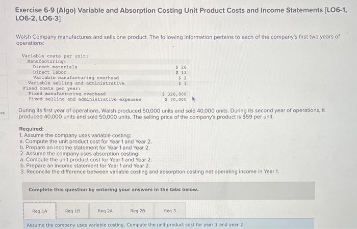  PLEASE HELP ME Exercise 6-9 (Algo) Variable and Absorption Costing Unit