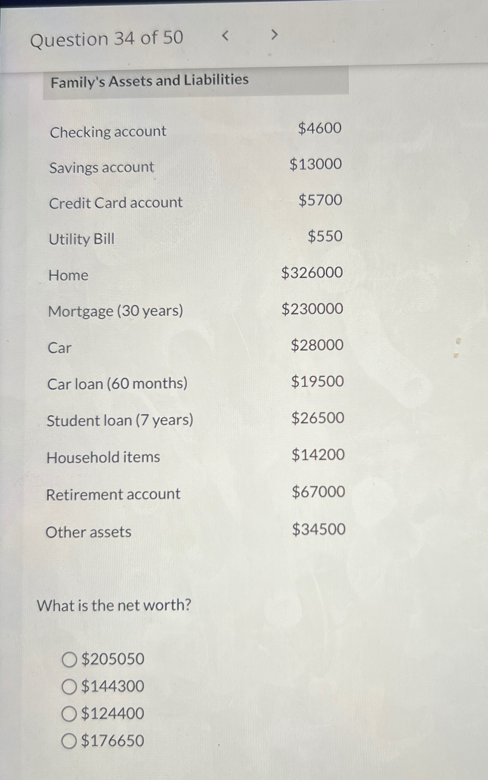 Question 34 of 50 Family's Assets and Liabilities Checking account Savings account