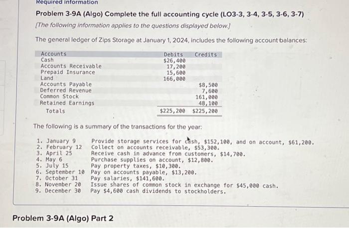  Required information Problem 3-9A (Algo) Complete the full accounting cycle (LO3-3,