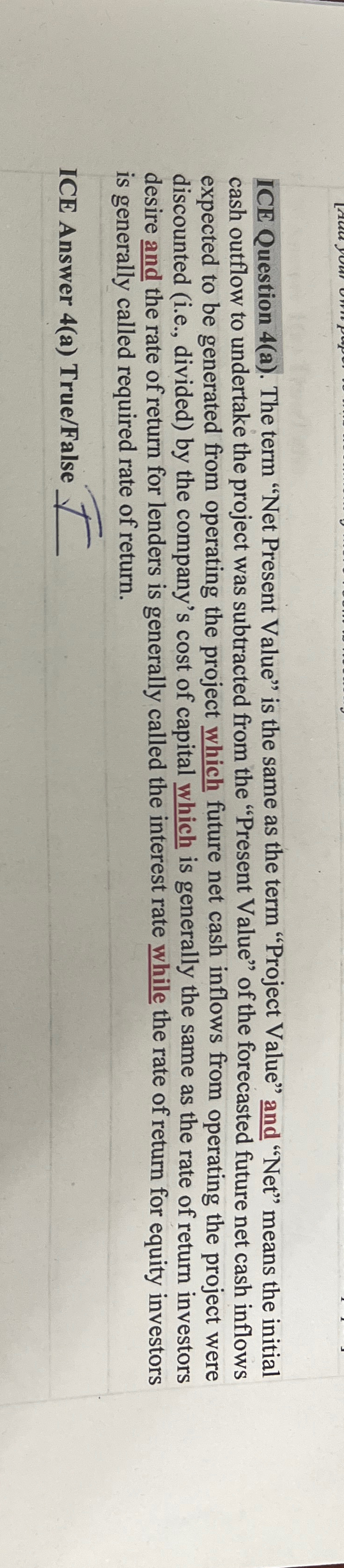  ICE Question 4(a). The term "Net Present Value" is the same