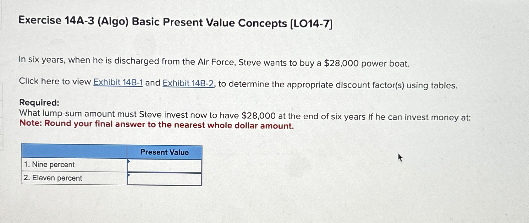  Exercise 14A-3(Algo) Basic Present Value Concepts [L014-7] In six years, when