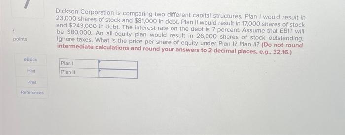  Dickson Corporation is comparing two different capital structures. Plan I would