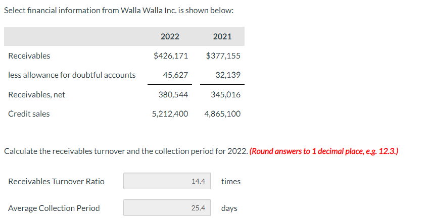  Select financial information from Walla Walla Inc. is shown below: Calculate