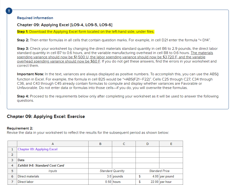  ! Required information Chapter 09: Applying Excel (LO9-4, LO9-5, LO9-6] Step