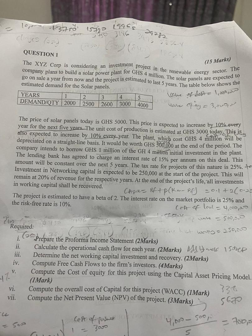  QUESTION 1 (15 Marks) The XYZ Corp is considering an investment