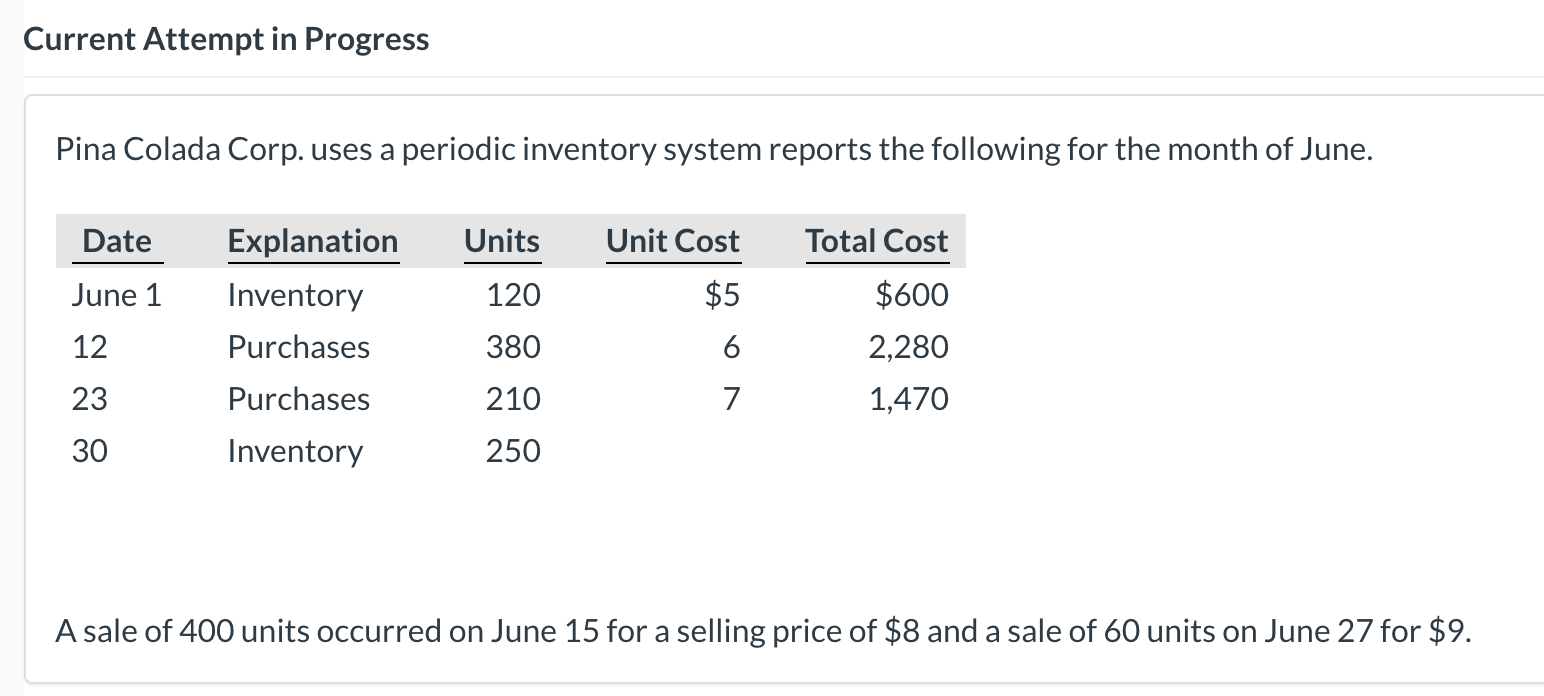  Current Attempt in Progress Pina Colada Corp. uses a periodic inventory