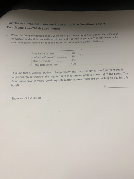  Part Three - Problems. Answer Three out of Five Questions. Each