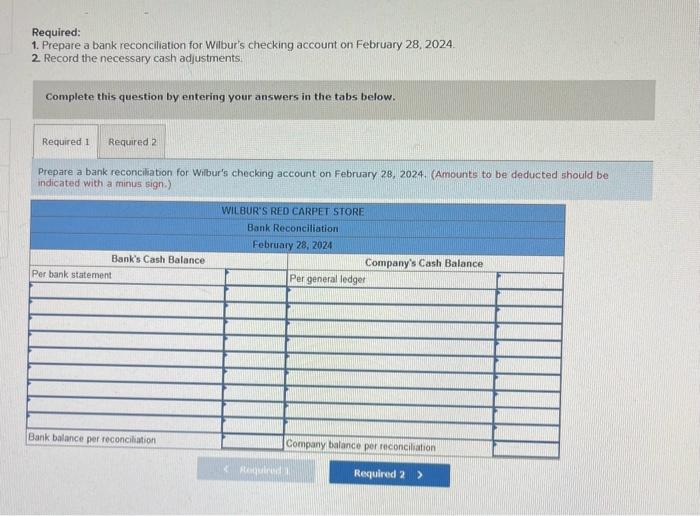 Wilbur's checking account on February 28, 2024. 2 Record the necessary cash