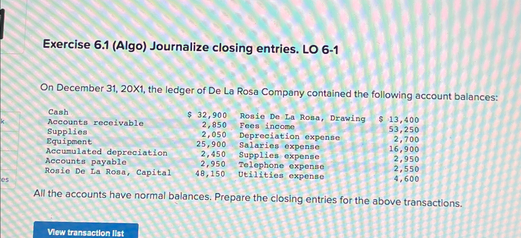  Exercise 6.1(Algo) Journalize closing entries. LO 6-1 On December 31,20X1, the