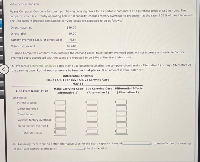make or buy decision Pizana Computer Company has been purchasing carrying cases