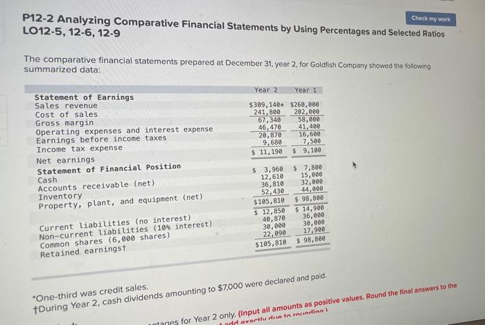  Check my work P12-2 Analyzing Comparative Financial Statements by Using Percentages