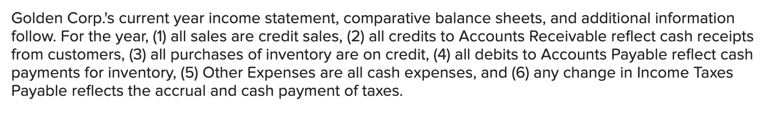 Golden Corp.'s current year income statement, comparative balance sheets, and additional