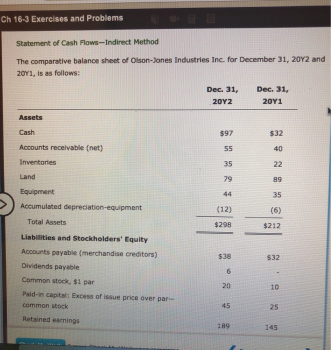  Ch 16-3 Exercises and Problems Statement of Cash Flows-Indirect Method The
