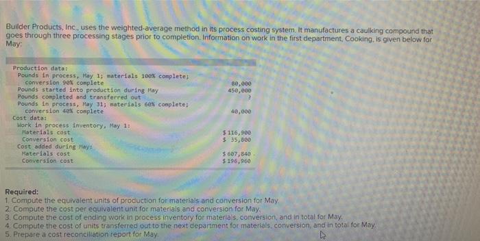  Builder Products, Inc., uses the weighted average method in its process