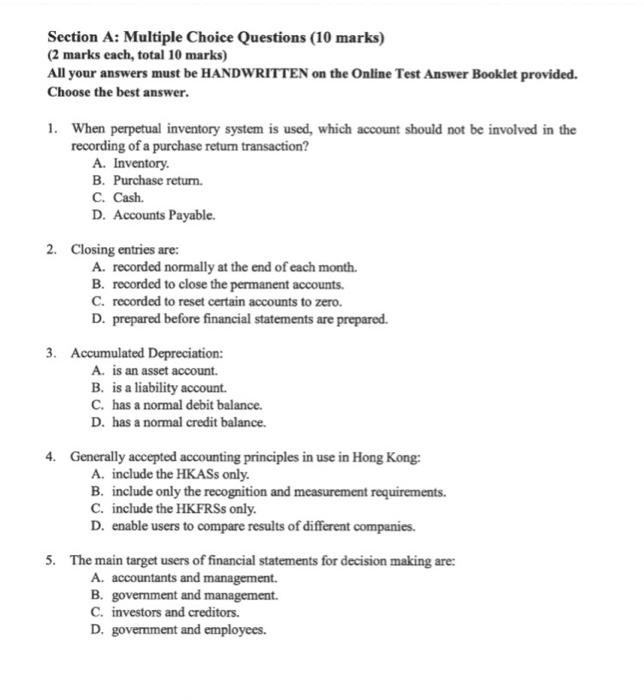  Section A: Multiple Choice Questions (10 marks) (2 marks cach, total