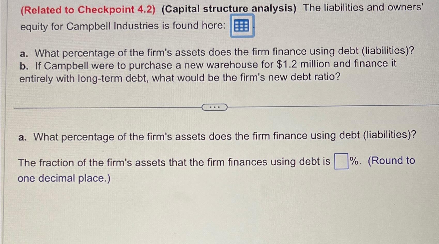  (Related to Checkpoint 4.2)(Capital structure analysis) The liabilities and owners' equity