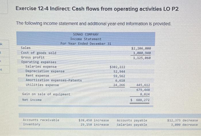 v Exercise 12-4 Indirect: Cash flows from operating activities LO P2 The