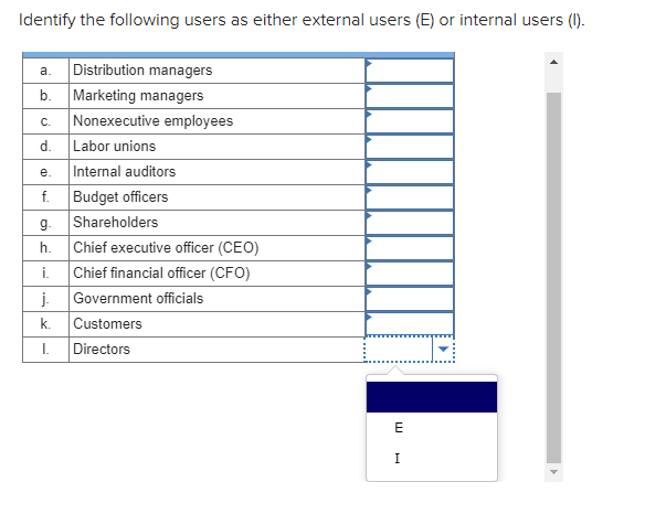  Identify the following users as either external users (E) or internal