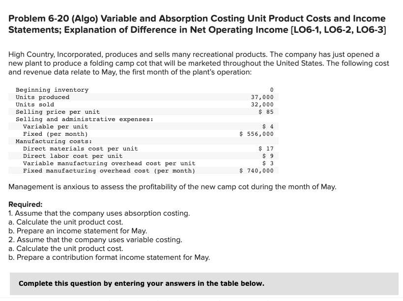 Problem 6-20 (Algo) Variable and Absorption Costing Unit Product Costs and Income