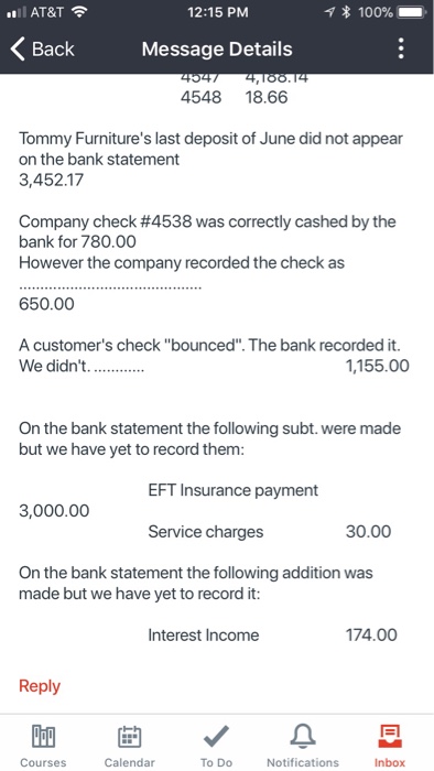 following information, prepare Tommy's Furniture Bank Reconciliation as of. 6/30/2016 Also prepare